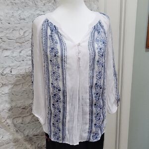 Fig and Flower Peasant Top, Womens Sz M White With Blue, Boho Hippie Blouse